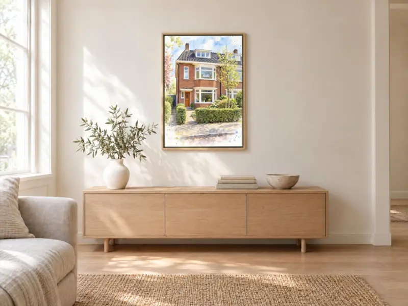 Huisportret in aquarel op canvas in een houten baklijst, boven een dressoir