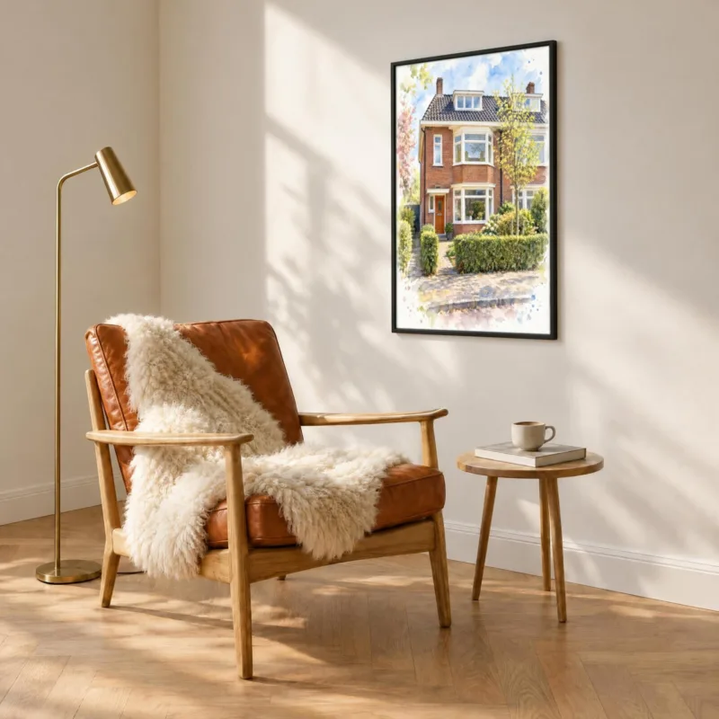 Huisportret in aquarel in een zwarte lijst, boven een fauteuil