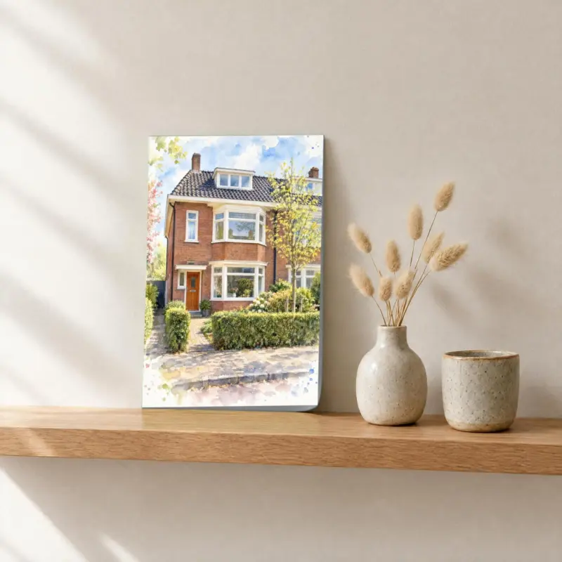 Huisportret in aquarel als losse print, op een fotorichel