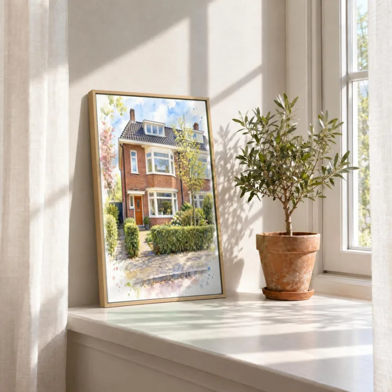 Huisportret in aquarel op canvas in een houten baklijst, in de vensterbank