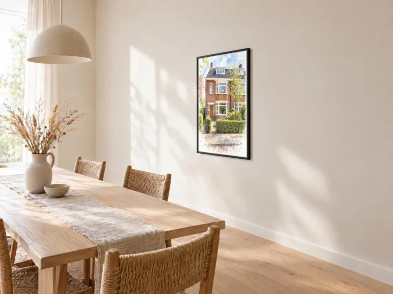 Huisportret in aquarel in een zwarte lijst, bij de eettafel