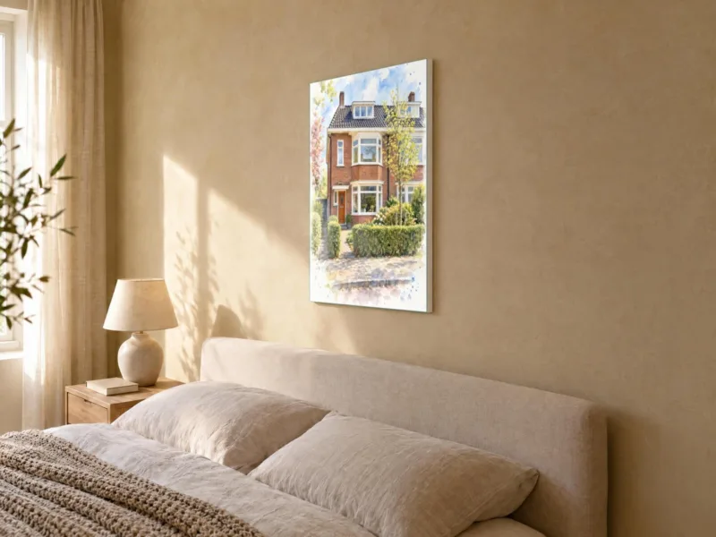Huisportret in aquarel op canvas, in de slaapkamer