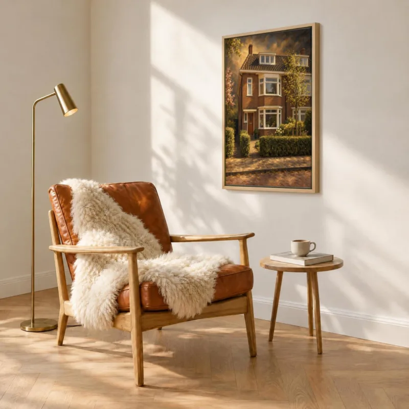 Huisportret klassiek geschilderd op canvas in een houten baklijst, boven een fauteuil