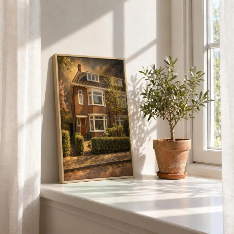 Huisportret klassiek geschilderd op canvas in een houten baklijst, in de vensterbank
