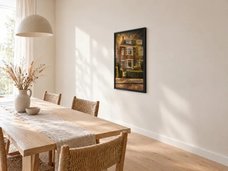 Huisportret klassiek geschilderd op canvas in een zwarte baklijst, bij de eettafel