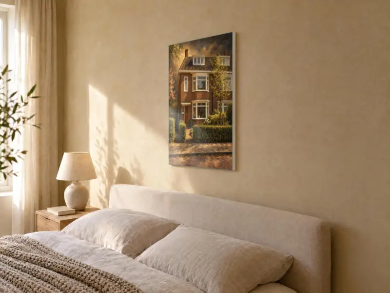 Huisportret klassiek geschilderd op canvas, in de slaapkamer