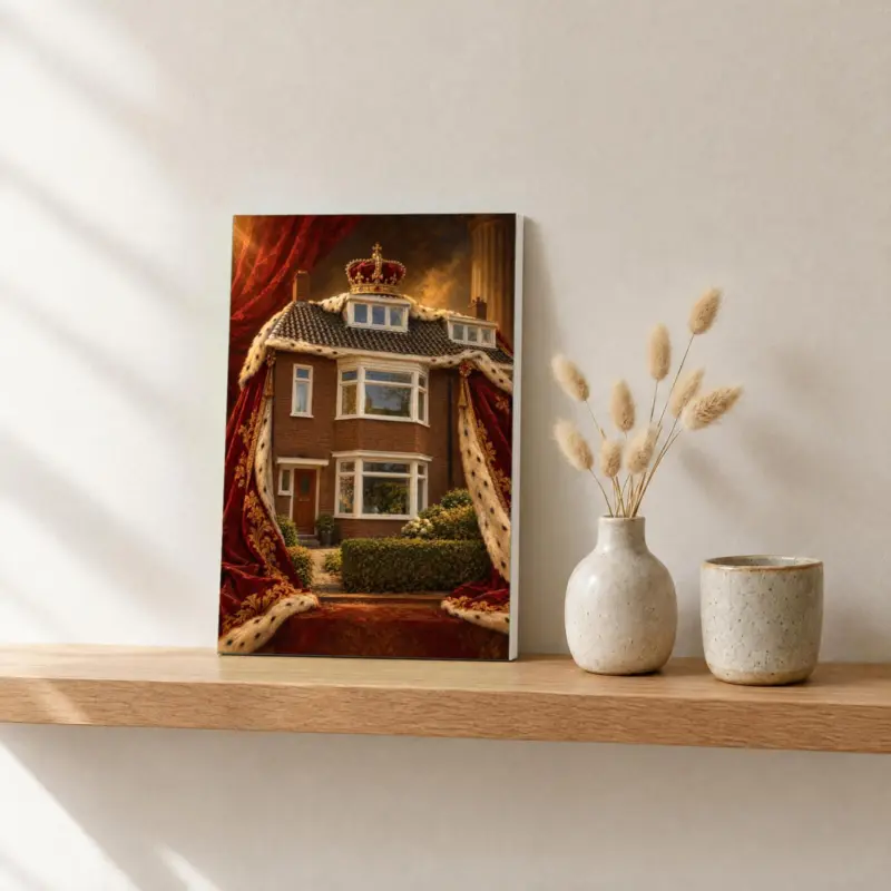 Huisportret koninklijk geschilderd op canvas, op een fotorichel