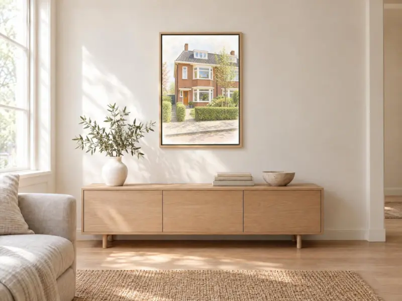 Huisportret in pastel op canvas in een houten baklijst, boven een dressoir