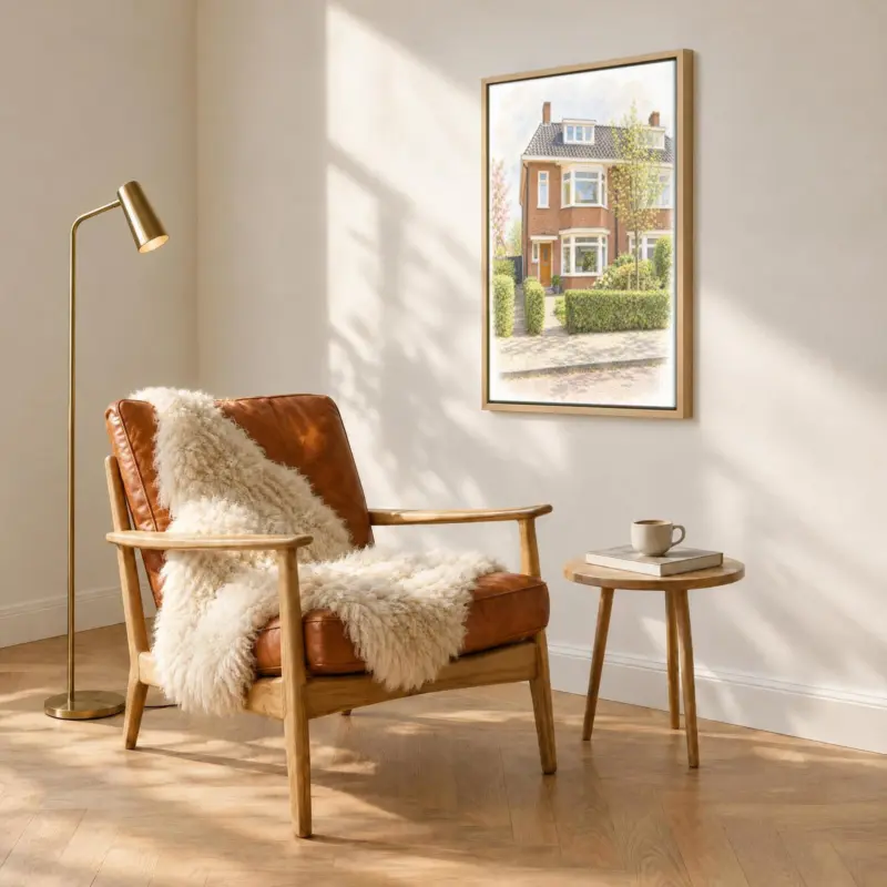 Huisportret in pastel op canvas in een houten baklijst, boven een fauteuil