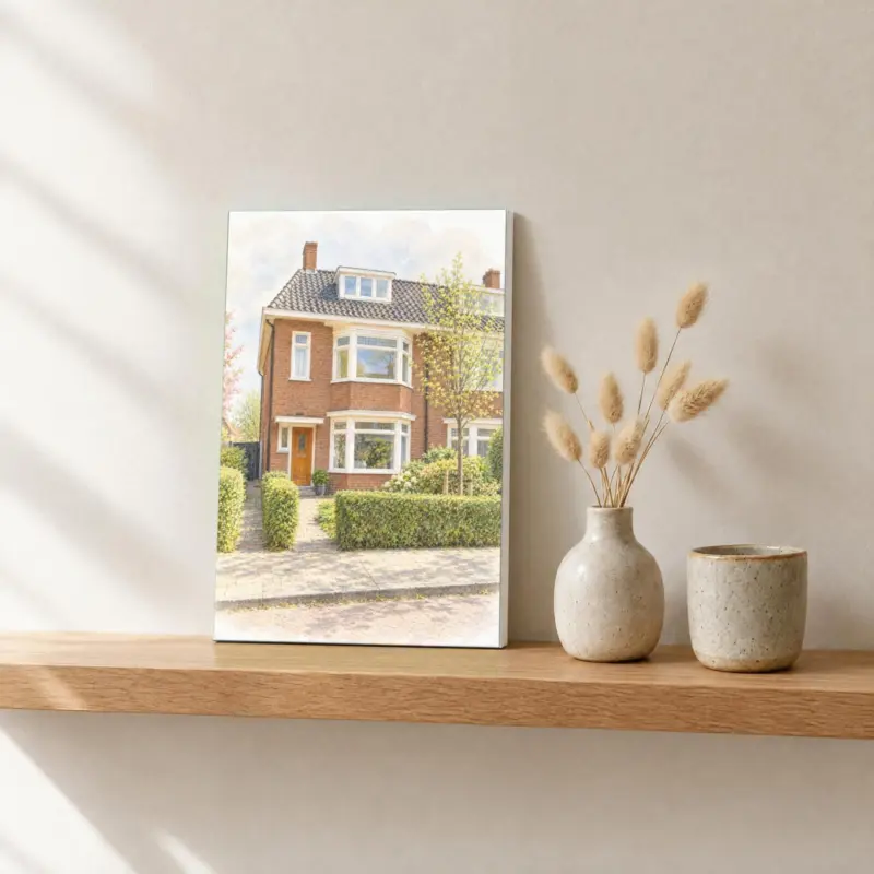 Huisportret in pastel op canvas, op een fotorichel