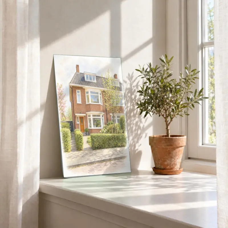 Huisportret in pastel als losse print, in de vensterbank