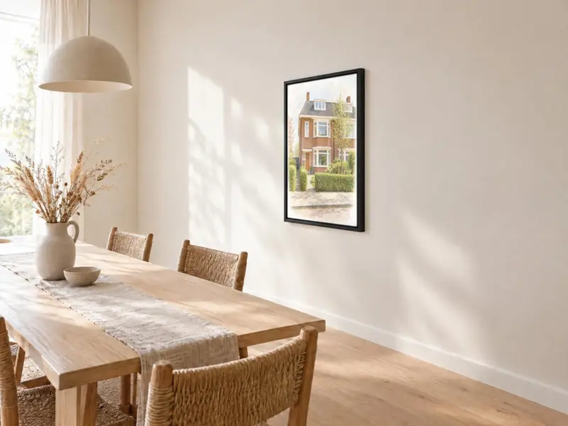 Huisportret in pastel op canvas in een zwarte baklijst, bij de eettafel