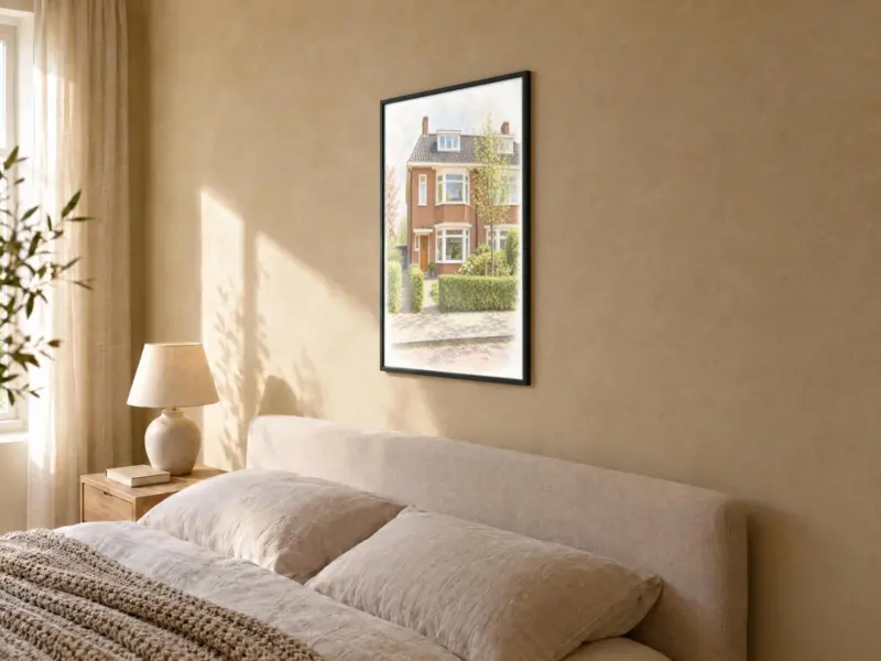 Huisportret in pastel in een zwarte lijst, in de slaapkamer