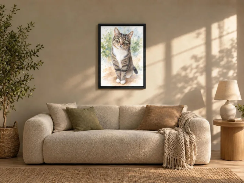 Kat in aquarel op canvas in een zwarte baklijst, boven de bank