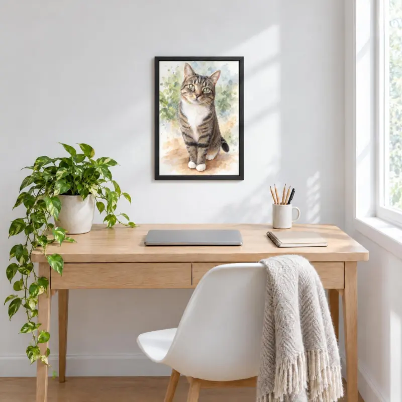 Kat in aquarel op canvas in een zwarte baklijst, boven een bureau