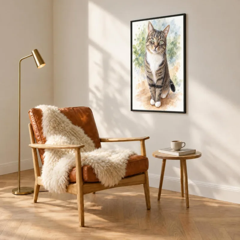 Kat in aquarel in een zwarte lijst, boven een fauteuil