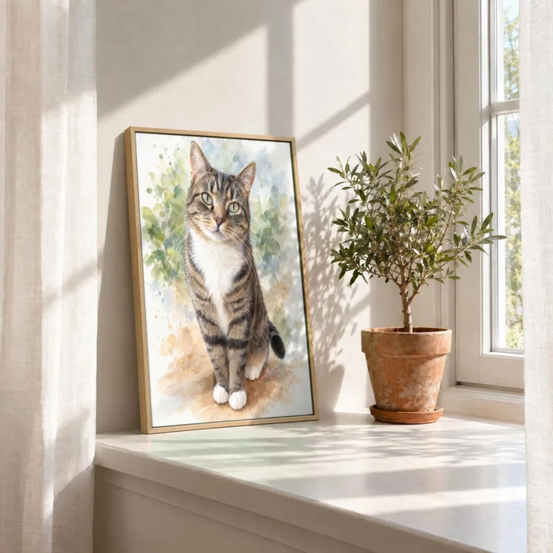 Kat in aquarel op canvas in een houten baklijst, in de vensterbank