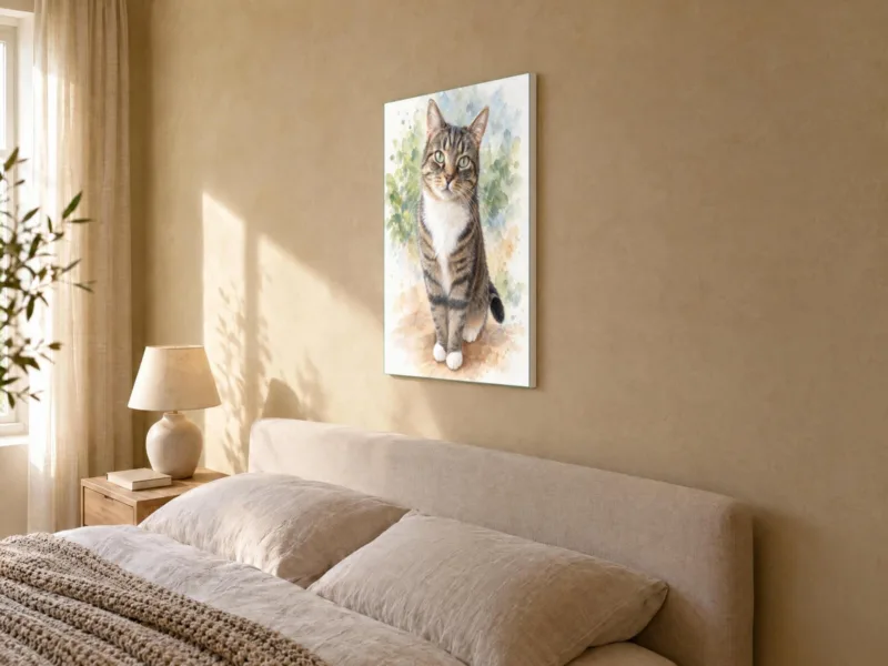 Kat in aquarel op canvas, in de slaapkamer