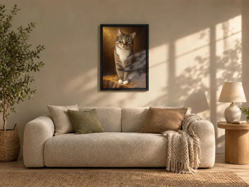 Kat klassiek geschilderd op canvas in een zwarte baklijst, boven de bank