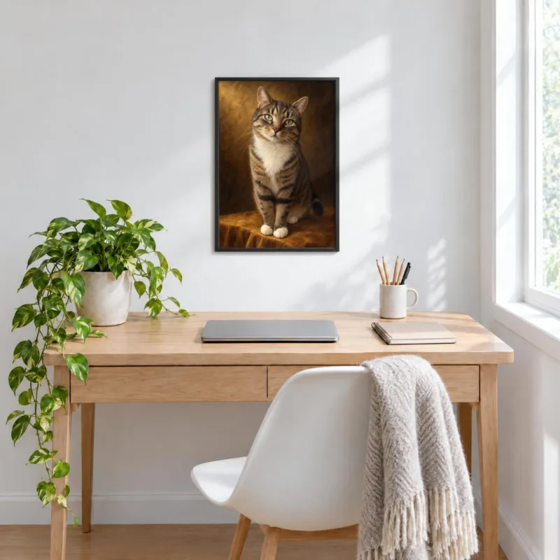 Kat klassiek geschilderd in een zwarte lijst, boven een bureau