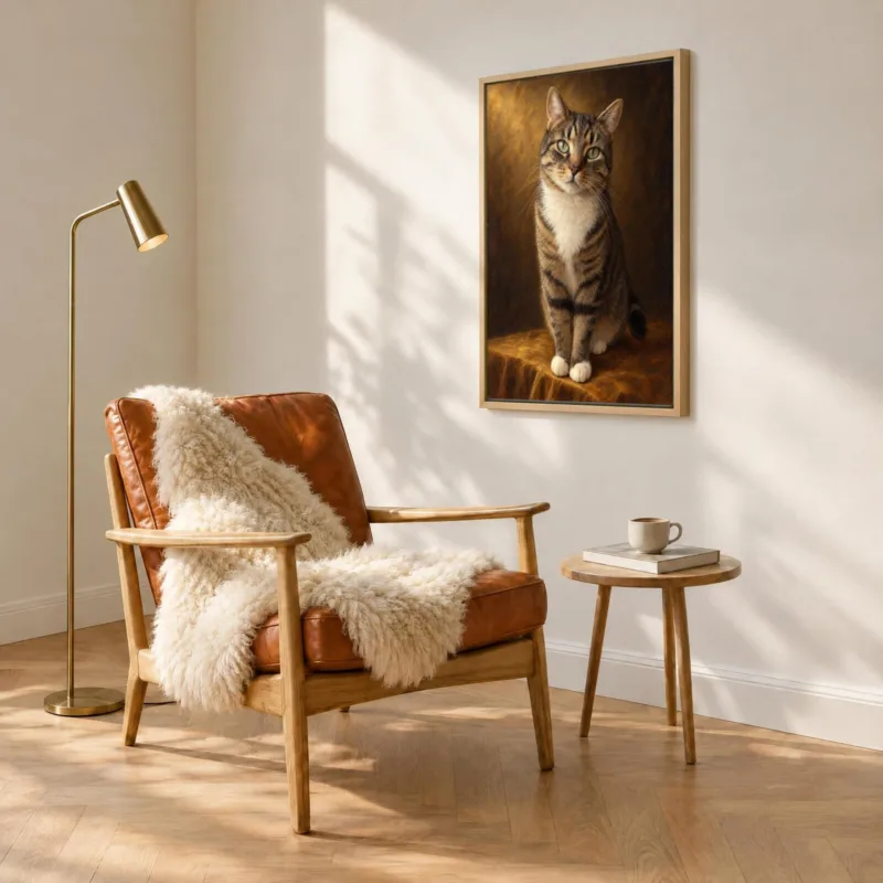 Kat klassiek geschilderd op canvas in een houten baklijst, boven een fauteuil
