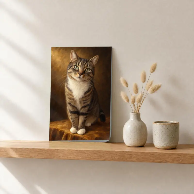 Kat klassiek geschilderd als losse print, op een fotorichel