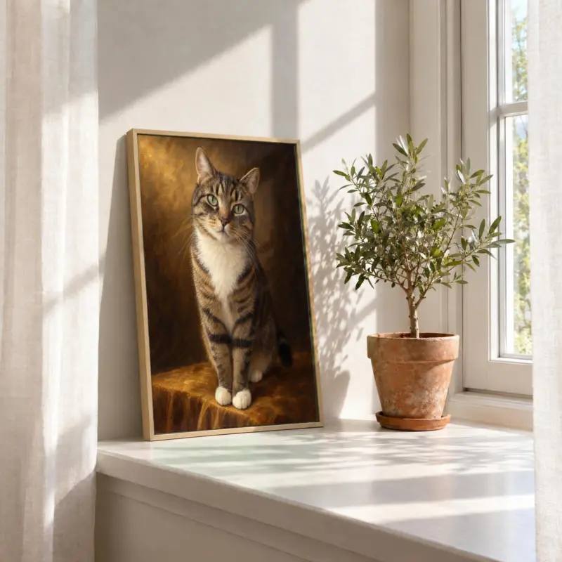 Kat klassiek geschilderd op canvas in een houten baklijst, in de vensterbank
