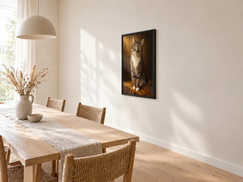 Kat klassiek geschilderd op canvas in een zwarte baklijst, bij de eettafel