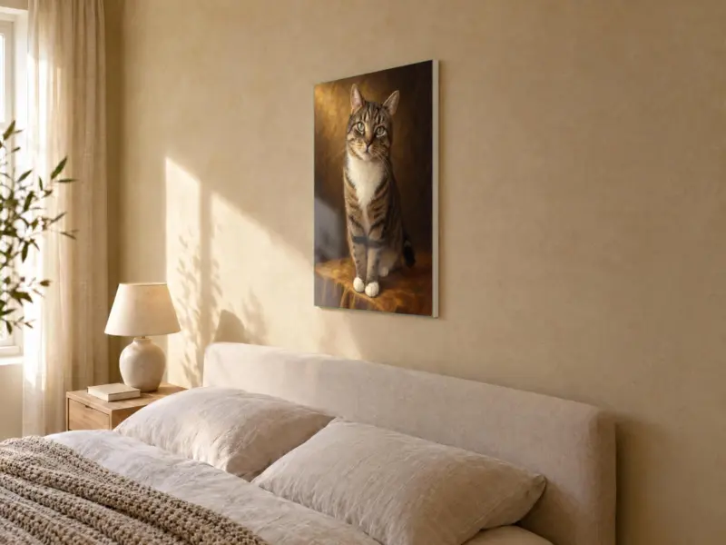 Kat klassiek geschilderd op canvas, in de slaapkamer