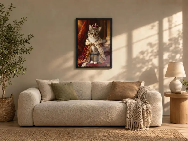 Kat koninklijk geschilderd op canvas in een zwarte baklijst, boven de bank