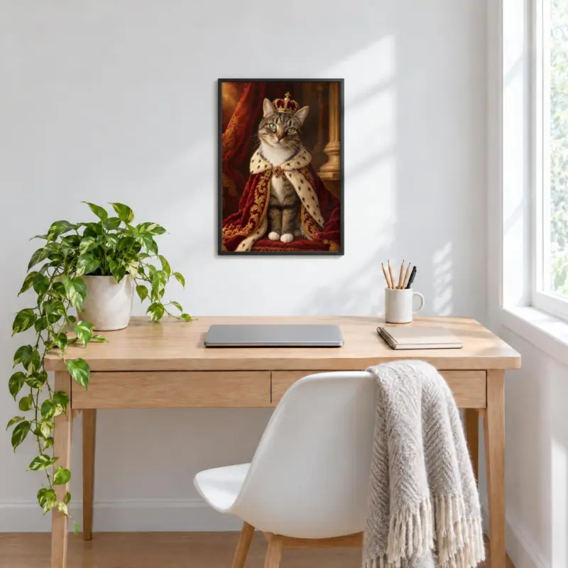 Kat koninklijk geschilderd in een zwarte lijst, boven een bureau