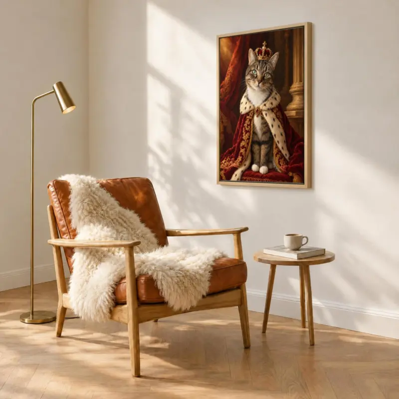 Kat koninklijk geschilderd op canvas in een houten baklijst, boven een fauteuil