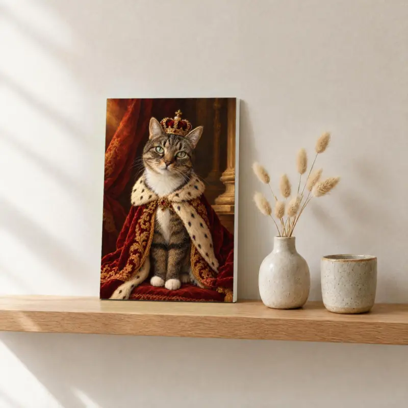 Kat koninklijk geschilderd op canvas, op een fotorichel