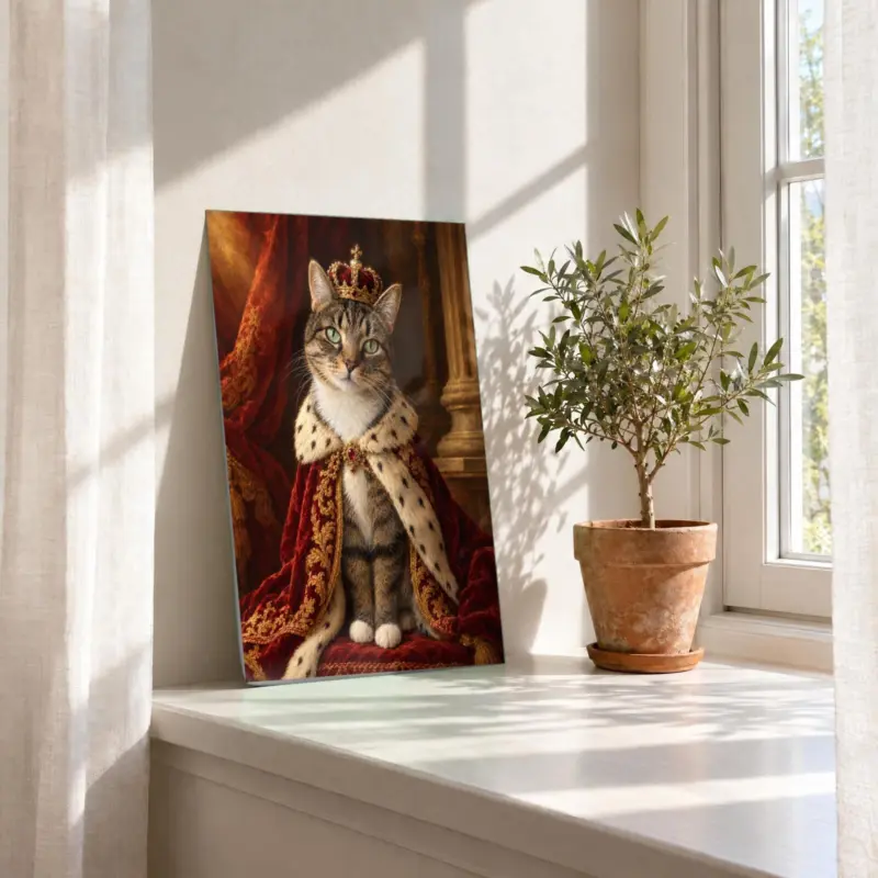 Kat koninklijk geschilderd als losse print, in de vensterbank