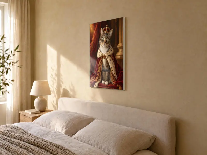 Kat koninklijk geschilderd op canvas, in de slaapkamer