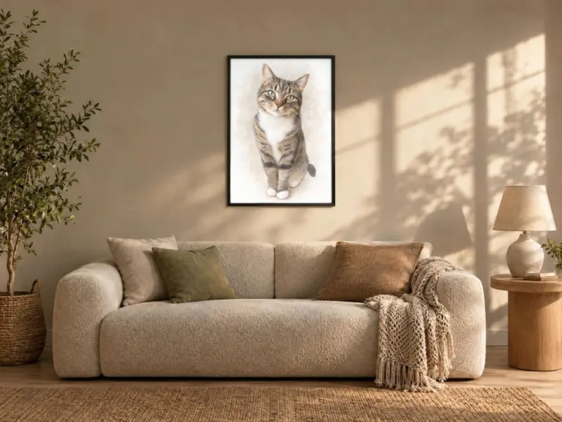 Kat in pastel in een zwarte lijst, boven de bank