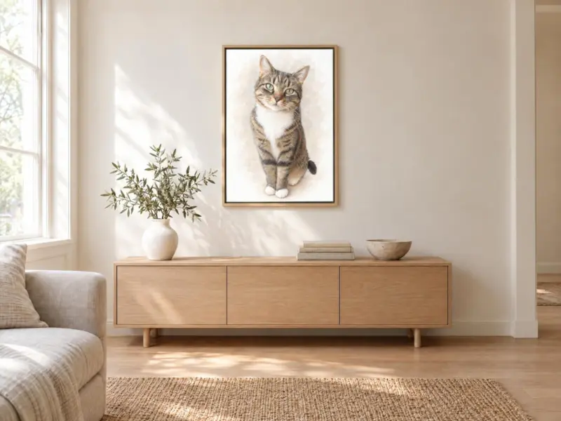 Kat in pastel op canvas in een houten baklijst, boven een dressoir