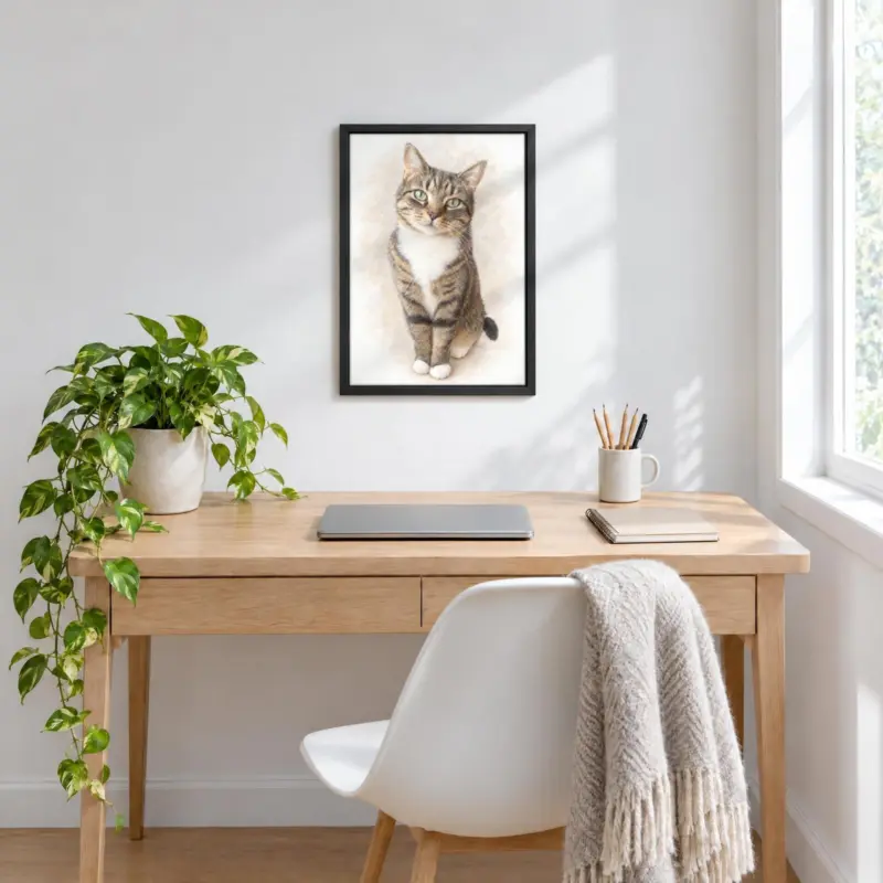 Kat in pastel op canvas in een zwarte baklijst, boven een bureau