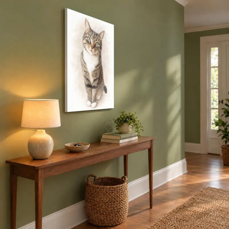 Kat in pastel op canvas, in de hal
