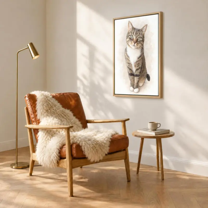 Kat in pastel op canvas in een houten baklijst, boven een fauteuil