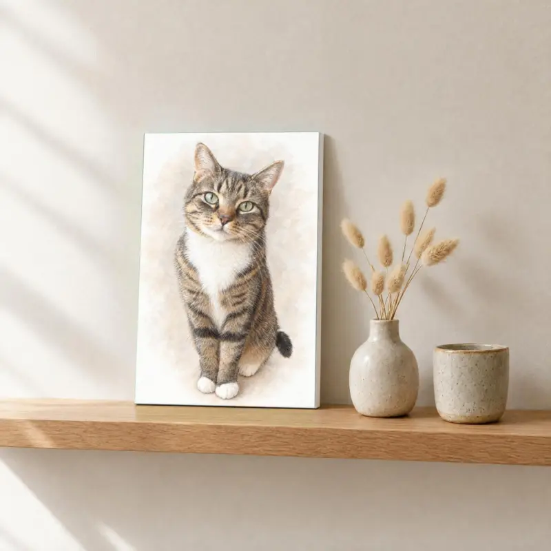 Kat in pastel op canvas, op een fotorichel