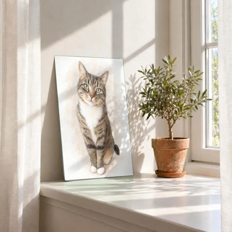 Kat in pastel als losse print, in de vensterbank