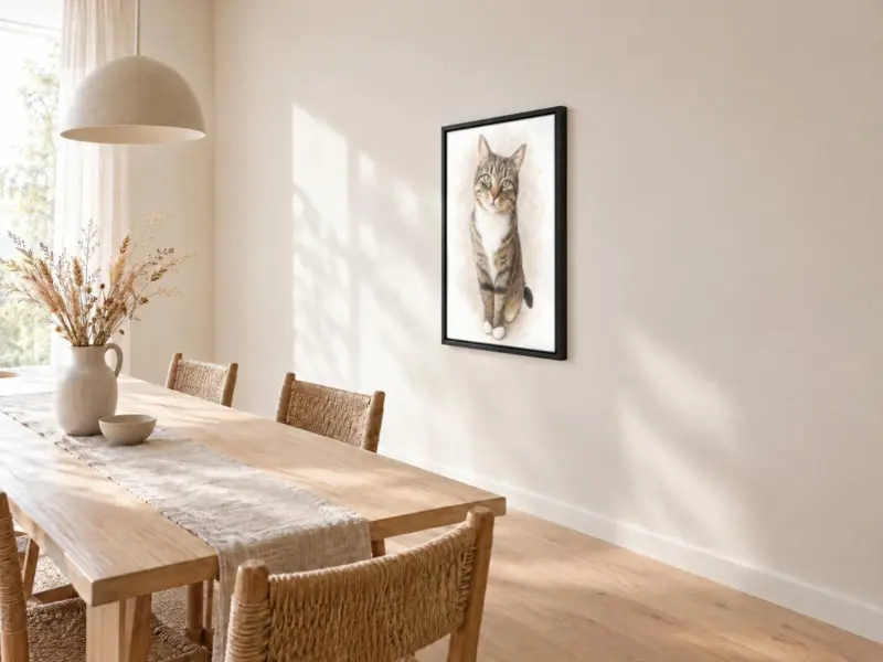 Kat in pastel op canvas in een zwarte baklijst, bij de eettafel