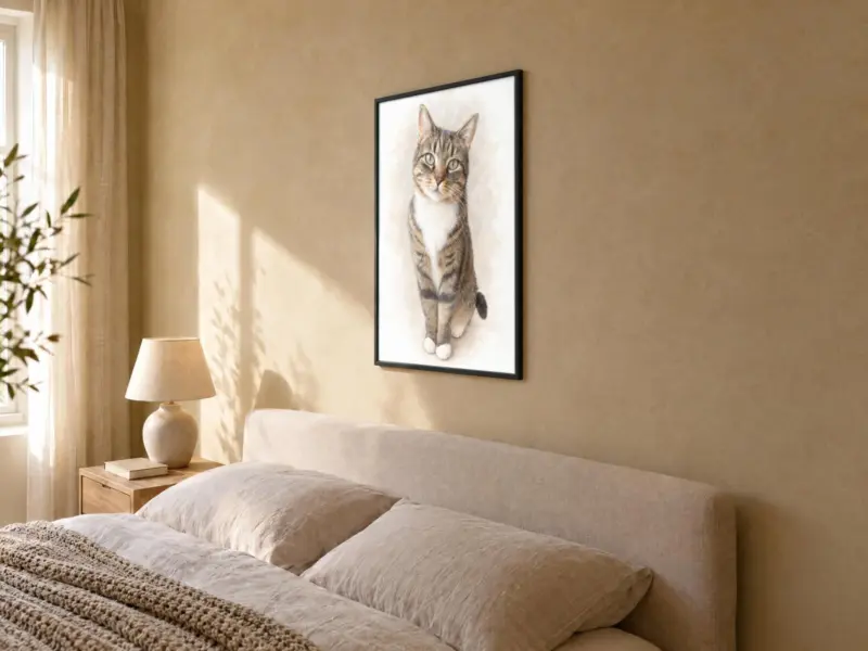 Kat in pastel in een zwarte lijst, in de slaapkamer