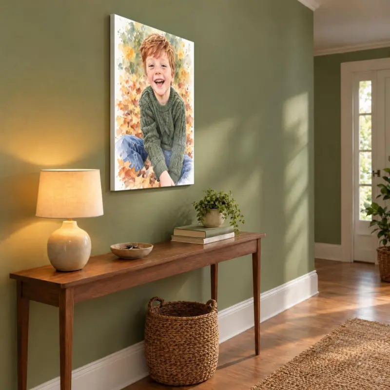Kinderportret in aquarel op canvas, in de hal