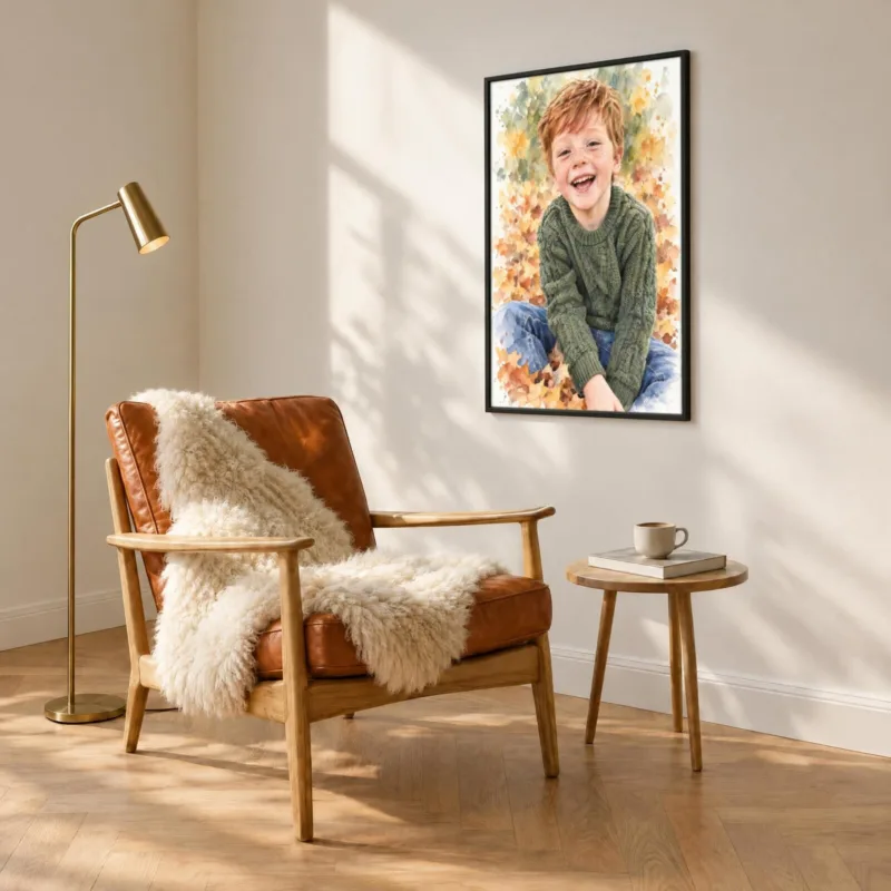 Kinderportret in aquarel in een zwarte lijst, boven een fauteuil