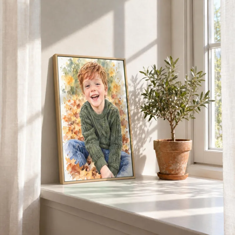 Kinderportret in aquarel op canvas in een houten baklijst, in de vensterbank