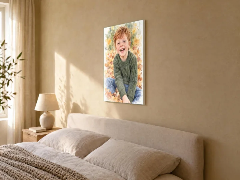 Kinderportret in aquarel op canvas, in de slaapkamer