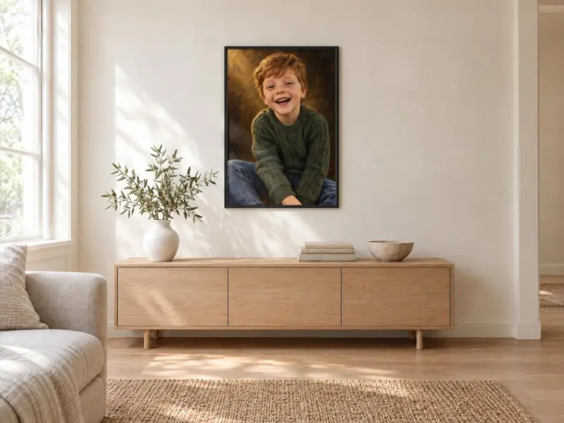 Kinderportret klassiek geschilderd in een zwarte lijst, boven een dressoir