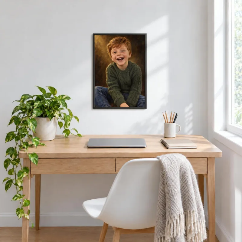 Kinderportret klassiek geschilderd in een zwarte lijst, boven een bureau